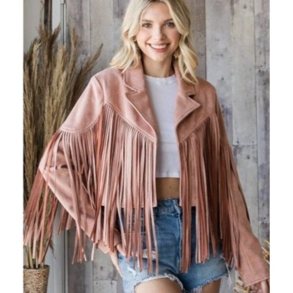 VEVERET Faux Suede Fringe Western Rodeo Jacket‎ Mauve Moto Size Small NWT